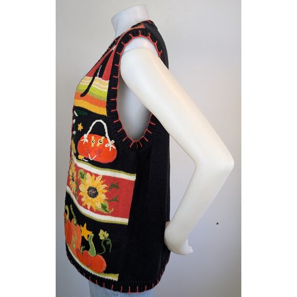 Tiara Vintage Halloween Sweater Vest Large Black Orange Green Pumpkins Cats - Picture 9 of 13
